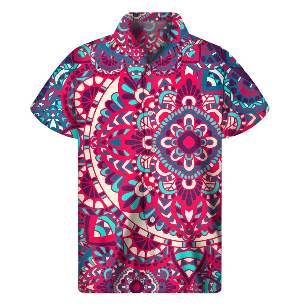 Tropical Paradise: Hawaiian Short Sleeve Shirt with Pink Teal Bohemian Mandala Pattern - 1