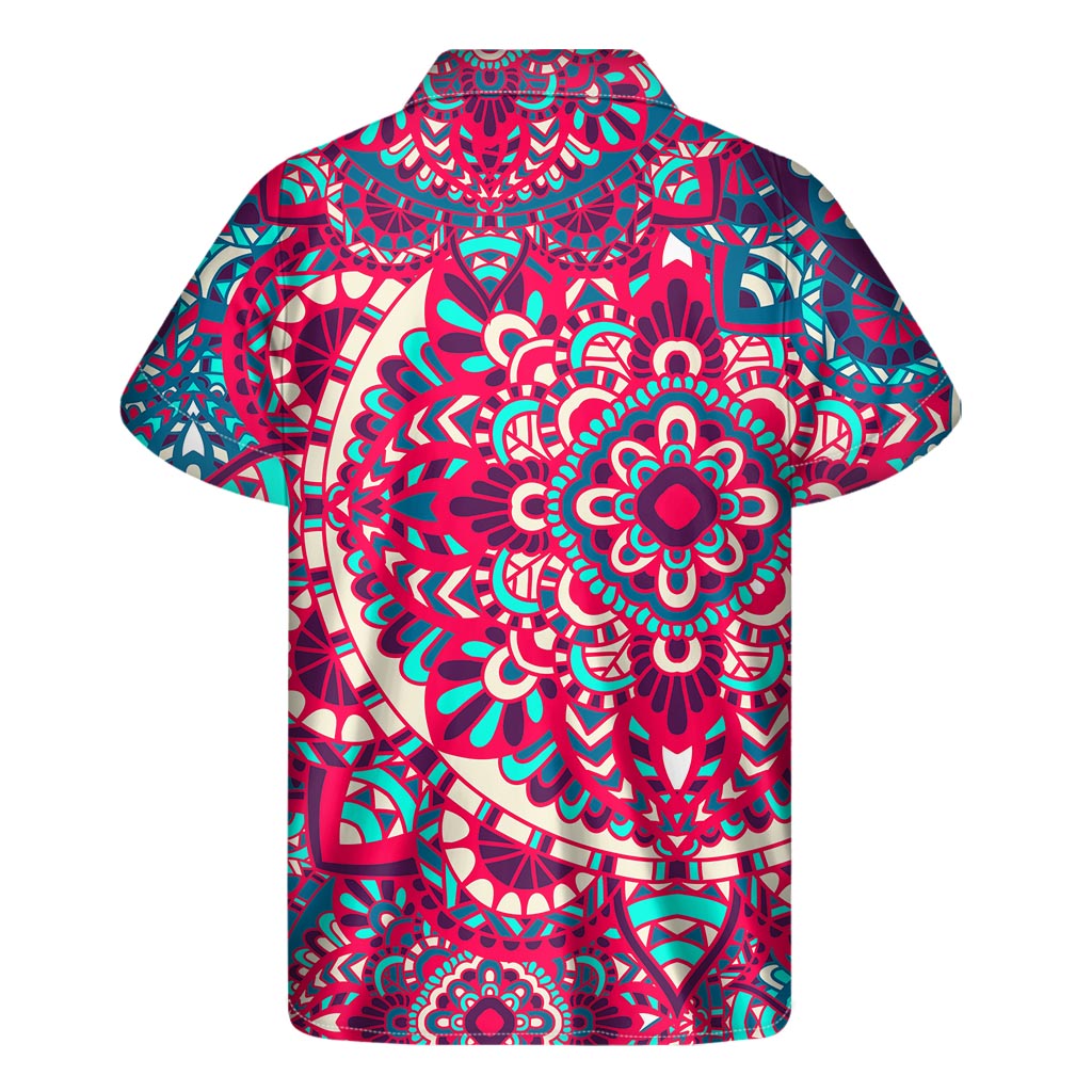 Tropical Paradise: Hawaiian Short Sleeve Shirt with Pink Teal Bohemian Mandala Pattern - 2