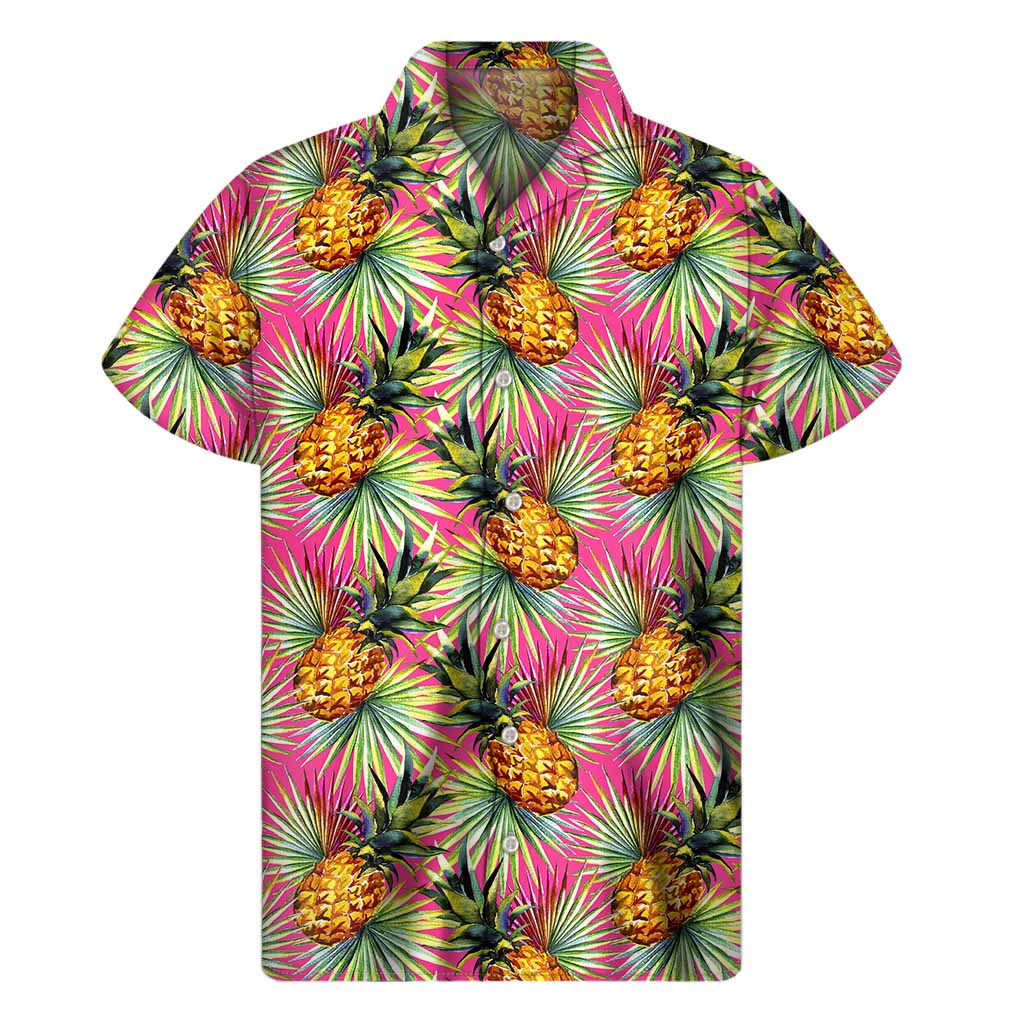 Pink Watercolor Pineapple Paradise: Men's Hawaiian Short Sleeve Shirt - 1