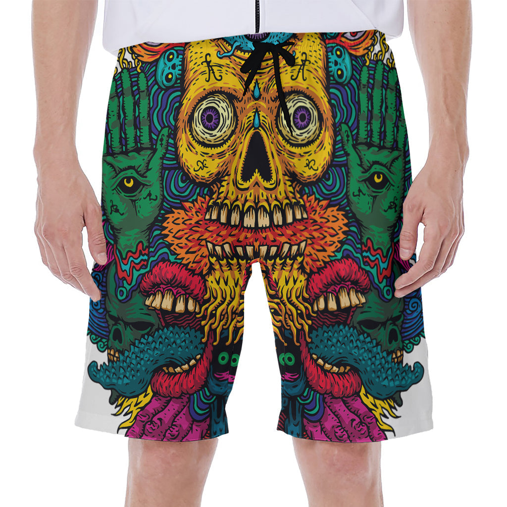 Aloha Vibes: Psychedelic Skull Print Men&#39;s Hawaiian Beach Shorts - 1