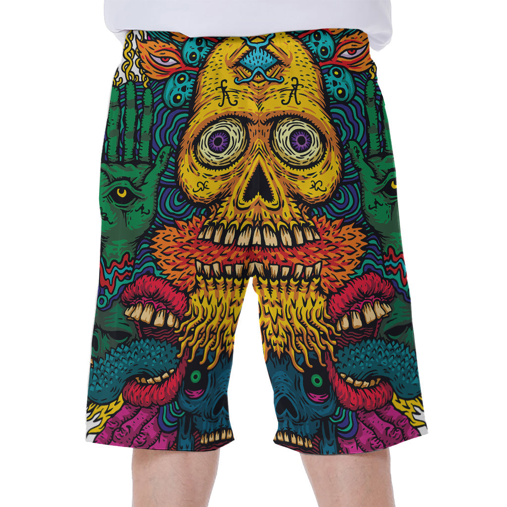 Aloha Vibes: Psychedelic Skull Print Men's Hawaiian Beach Shorts - 1