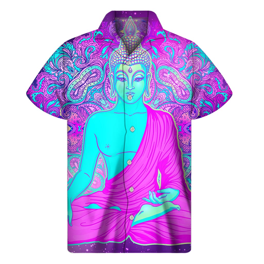 Island Serenity: Purple and Teal Buddha Print Hawaiian Short Sleeve Shirt - 1