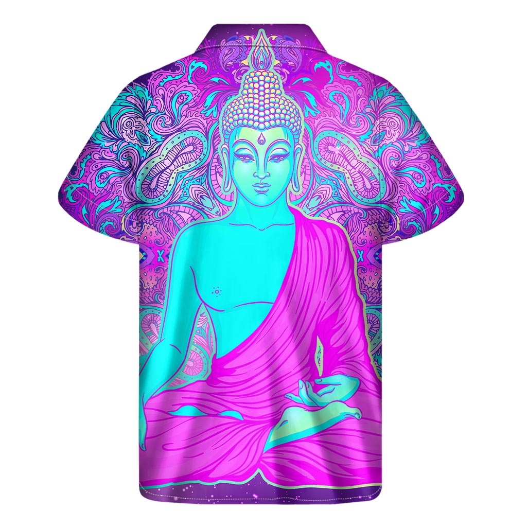 Island Serenity: Purple and Teal Buddha Print Hawaiian Short Sleeve Shirt - 2