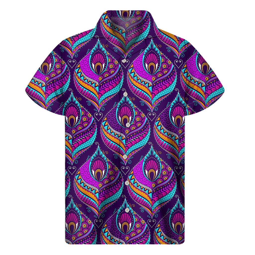 Purple Bohemian Peacock Feather Hawaiian Short Sleeve Shirt - 1