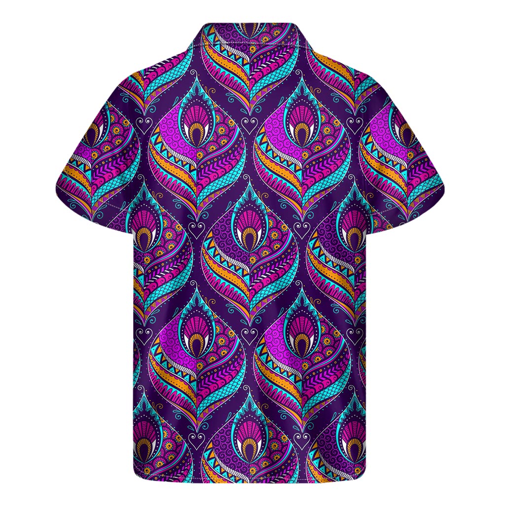 Purple Bohemian Peacock Feather Hawaiian Short Sleeve Shirt - 2