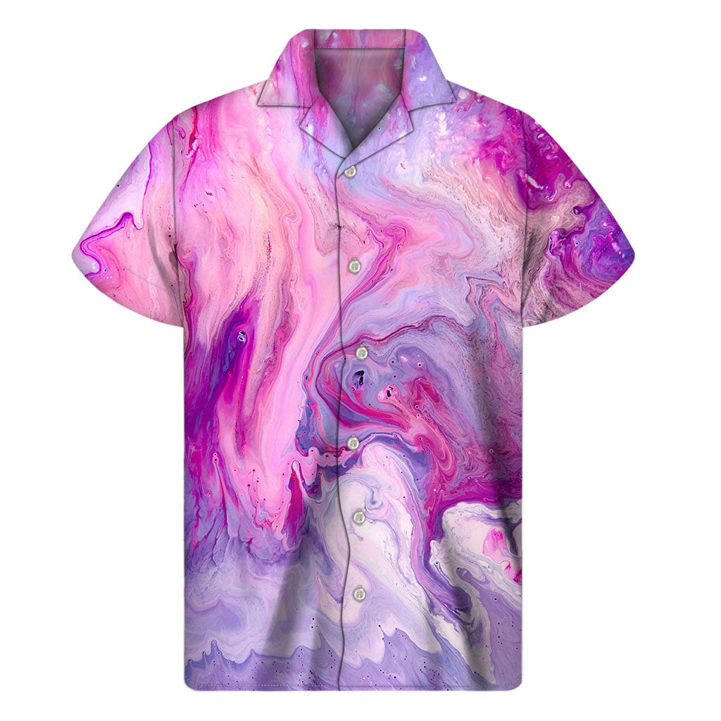 Island Vibes: Purple Liquid Marble Print Hawaiian Short Sleeve Shirt - 1