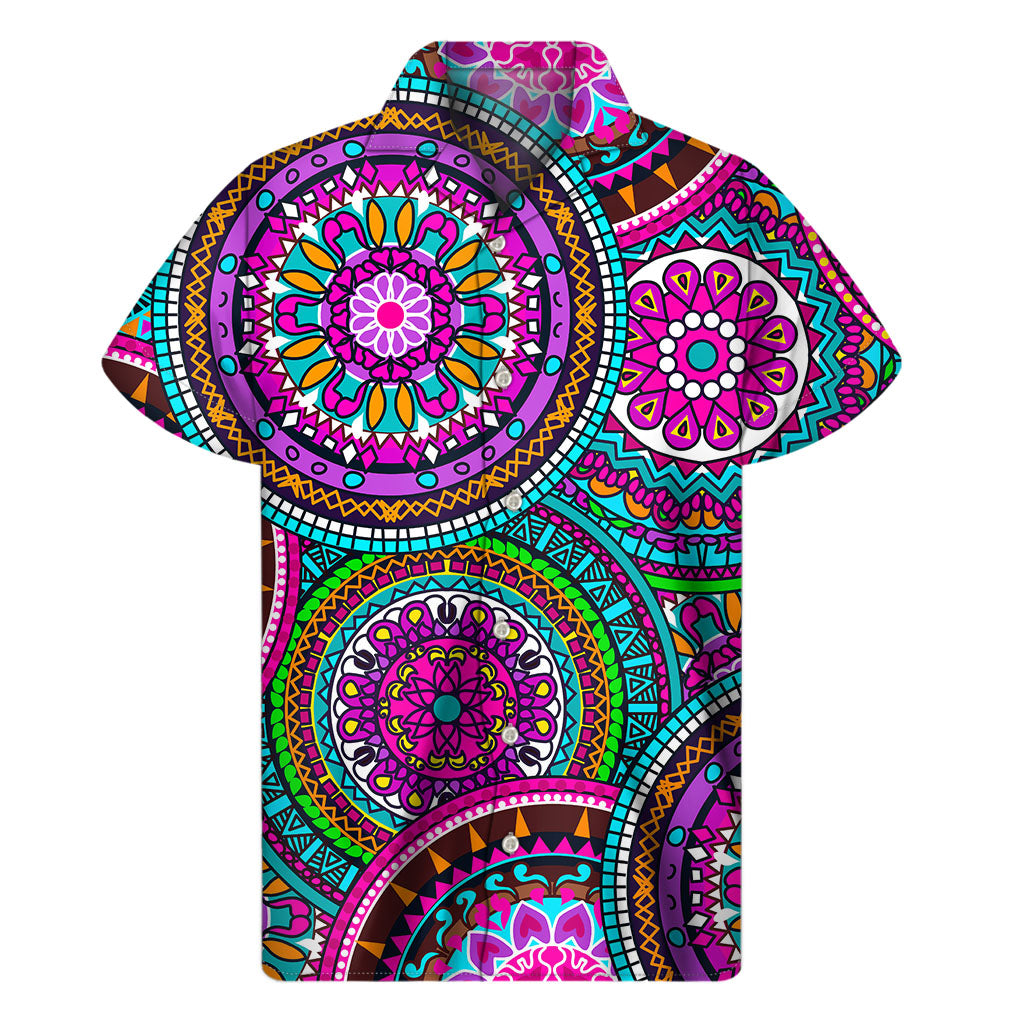 Purple Teal Circle Mandala Print Hawaiian Short Sleeve Shirt - 1