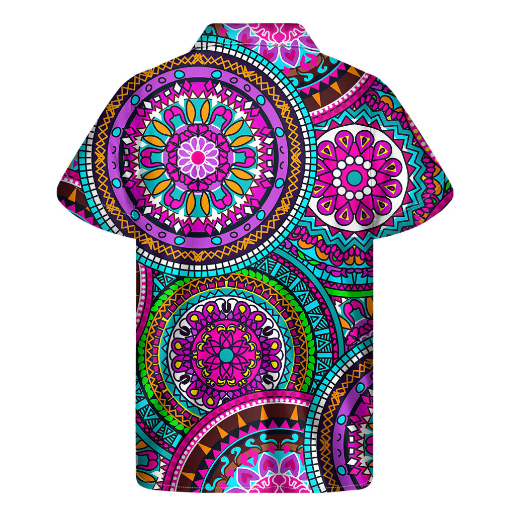 Purple Teal Circle Mandala Print Hawaiian Short Sleeve Shirt - 2