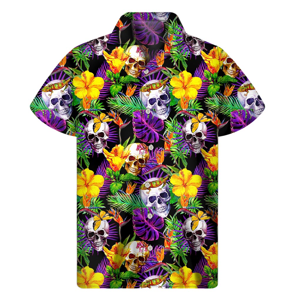 Island Skulls: Purple Tropical Hawaiian Short Sleeve Shirt - 1