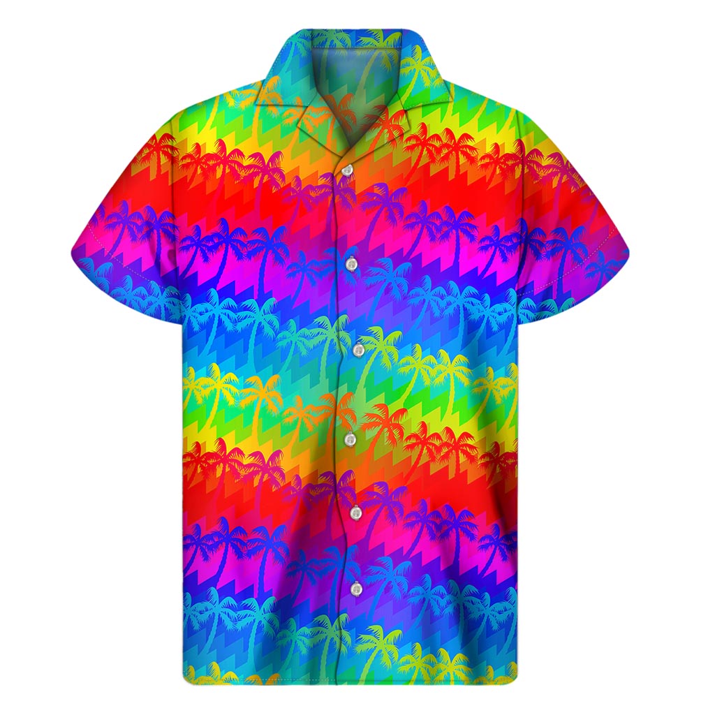 Island Vibes: Rainbow Palm Tree Hawaiian Short Sleeve Shirt - 1