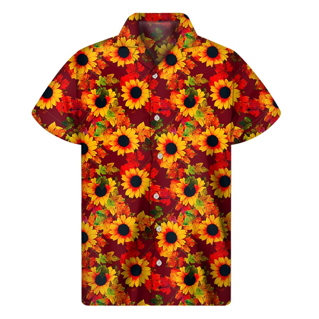 Red Autumn Sunflower Pattern Hawaiian Short Sleeve Shirt - 1