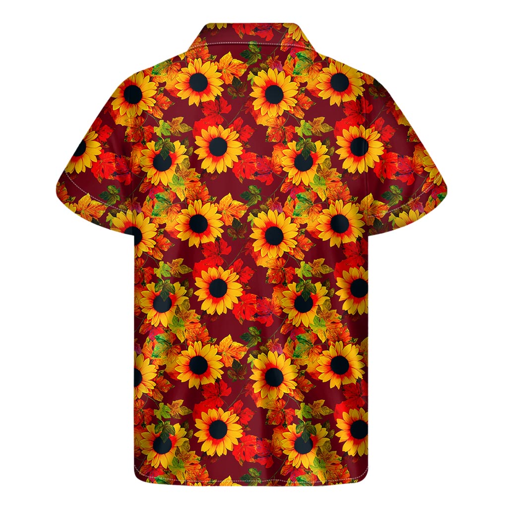 Red Autumn Sunflower Pattern Hawaiian Short Sleeve Shirt - 2