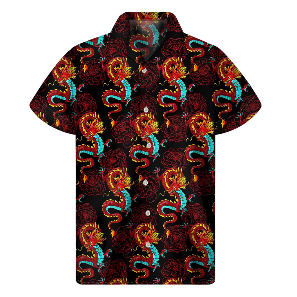 Red Dragon Lotus Pattern Hawaiian Short Sleeve Shirt - 1