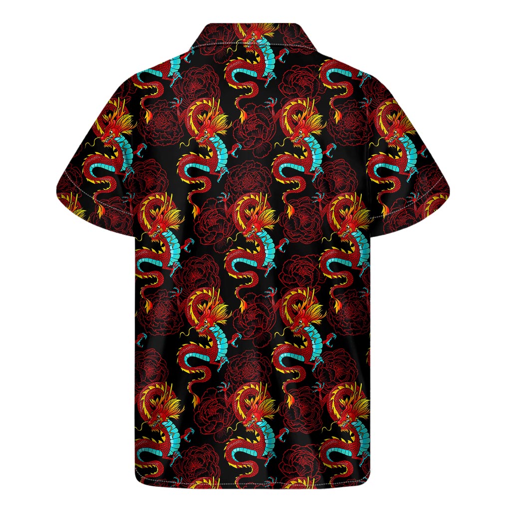 Red Dragon Lotus Pattern Hawaiian Short Sleeve Shirt - 2