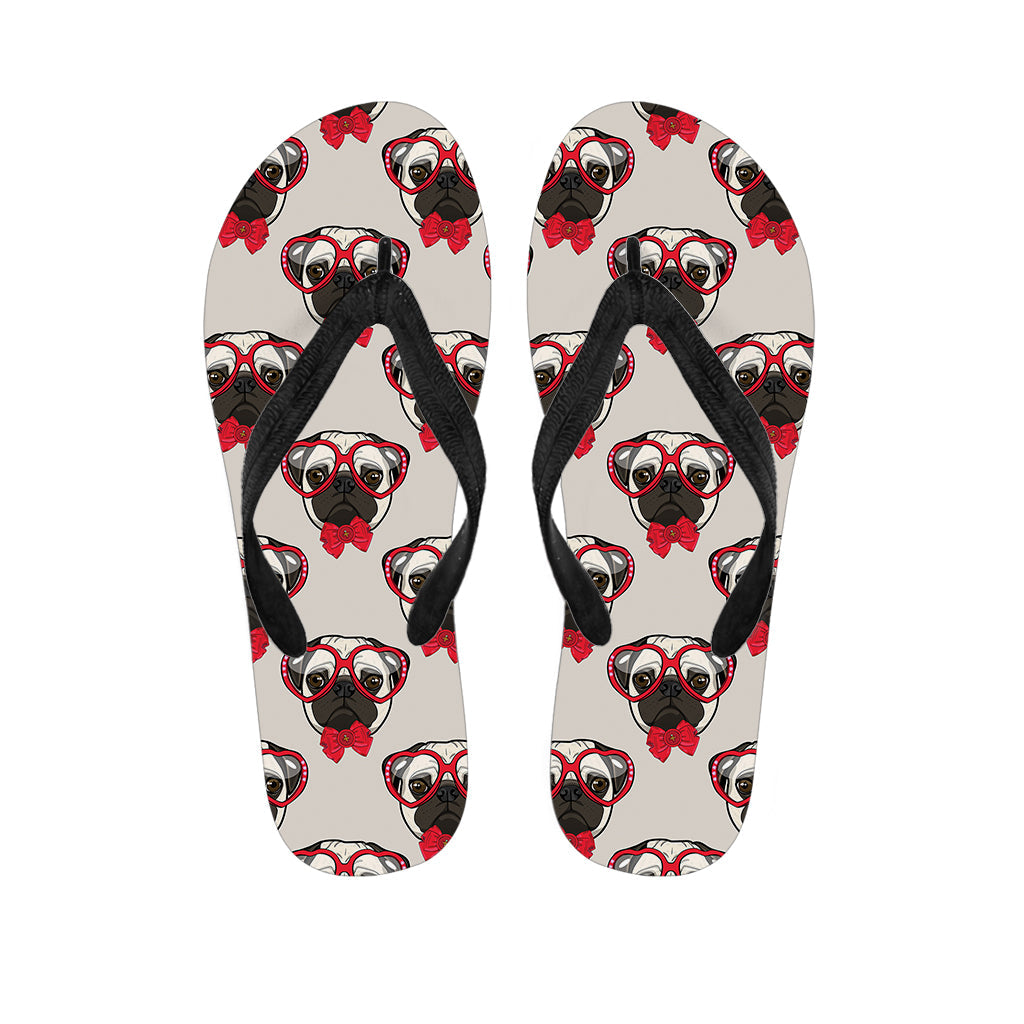 Beach-ready in Hawaiian Style: Red Glasses Pug Pattern Print Flip Flops - 1