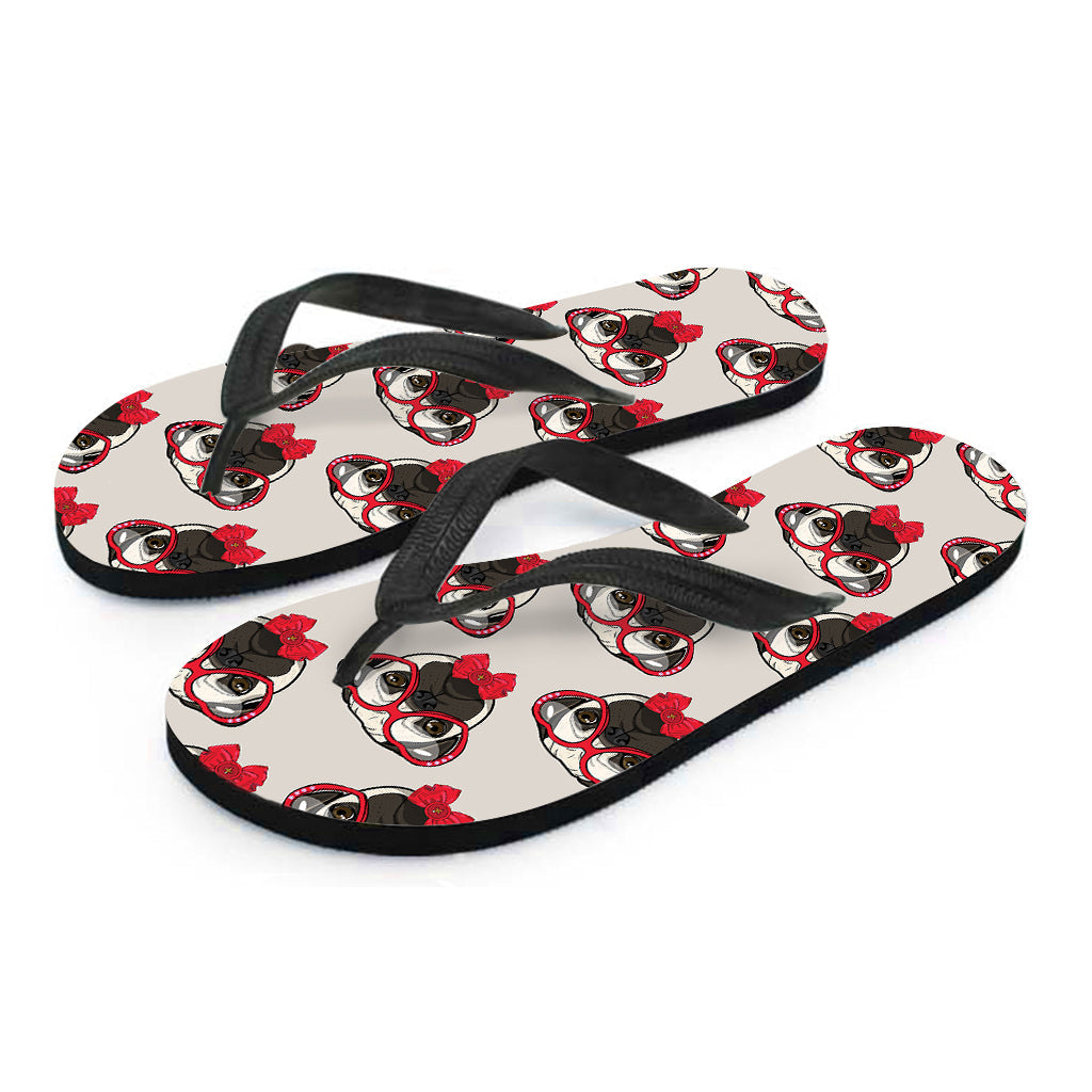 Beach-ready in Hawaiian Style: Red Glasses Pug Pattern Print Flip Flops - 2