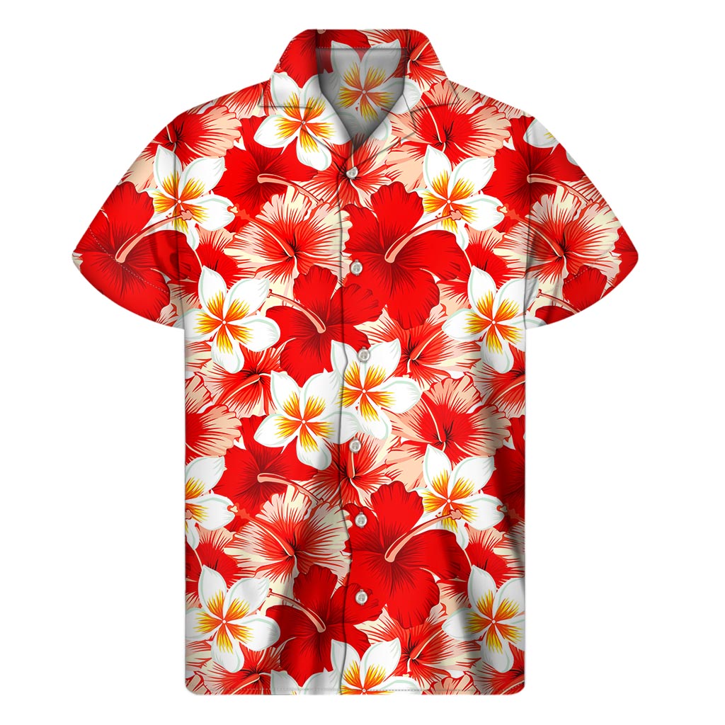 Red Hibiscus Plumeria Pattern Hawaiian Aloha Shirt - 1