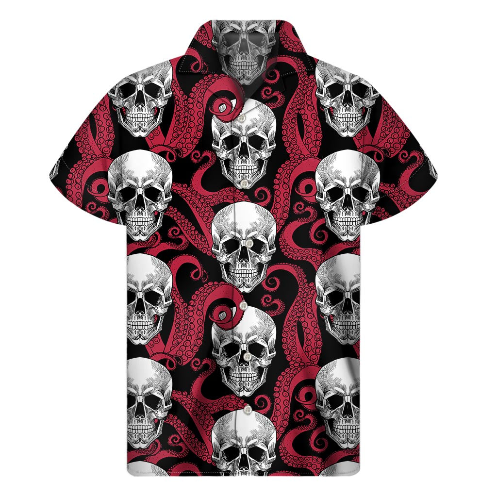 Red Octopus Skull Hawaiian Style Short Sleeve Shirt - 1