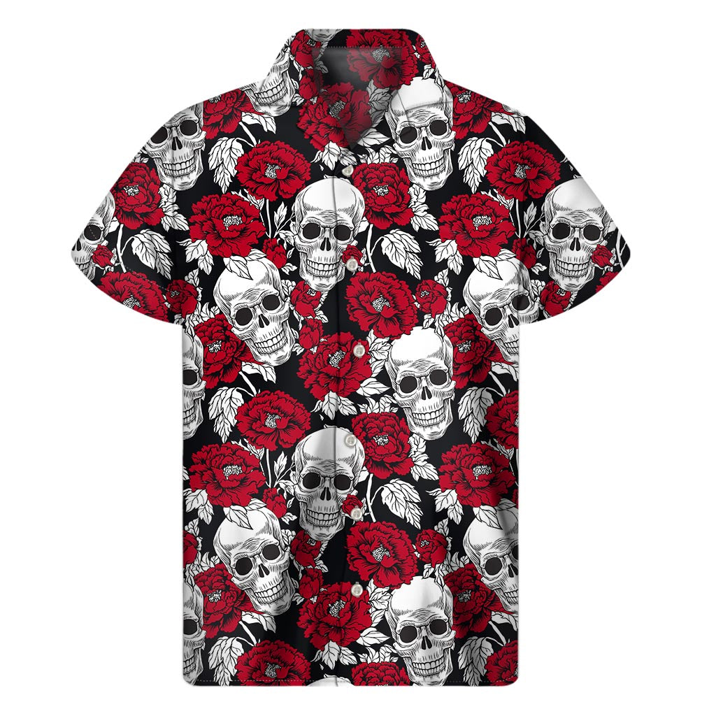 Red Peony Skull Pattern Hawaiian Short Sleeve Shirt - 1