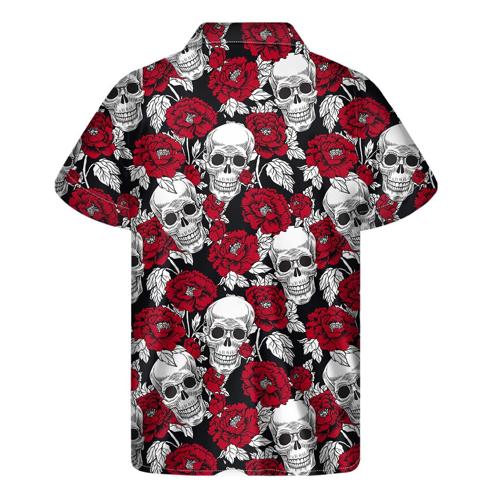 Red Peony Skull Pattern Hawaiian Short Sleeve Shirt - 2