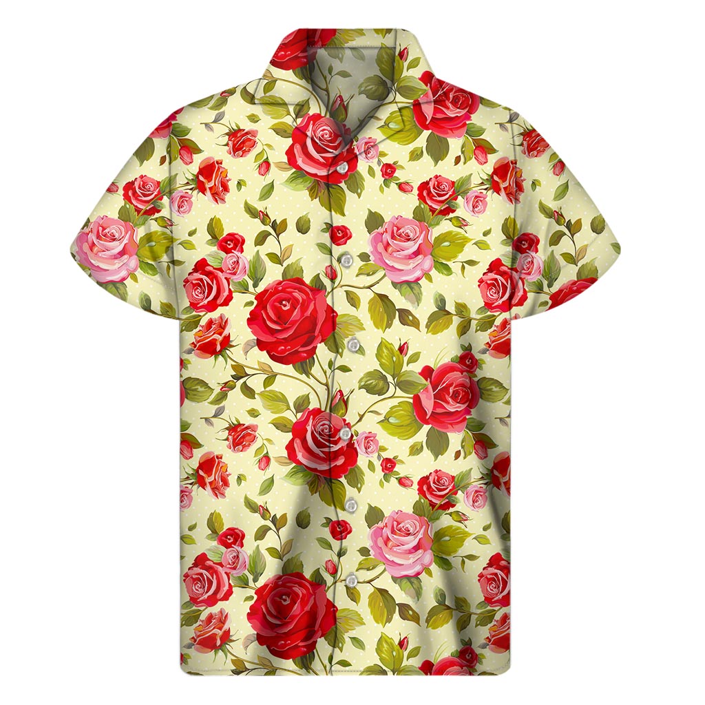 Red Pink Rose Hawaiian Floral Print Short Sleeve Shirt - 1