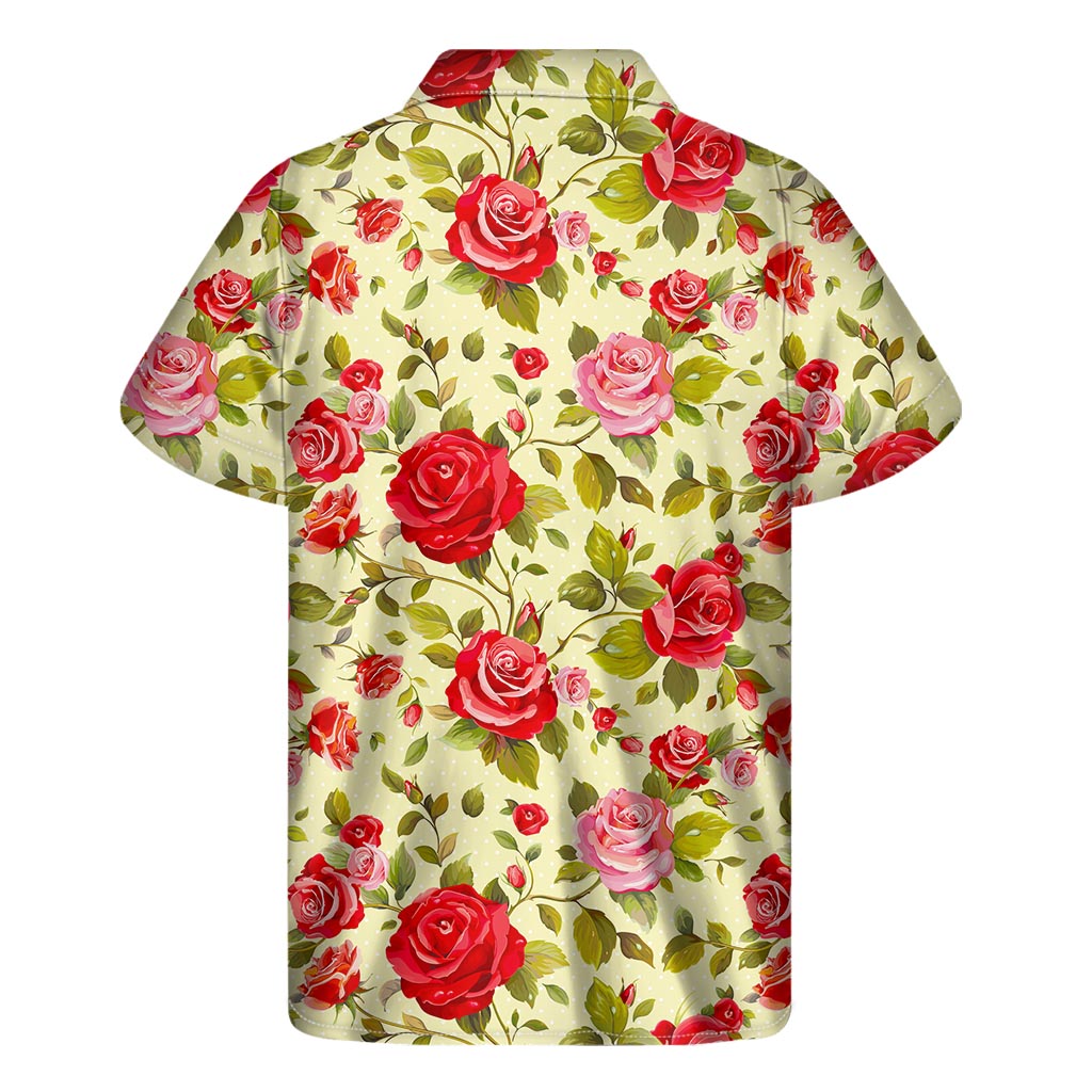 Red Pink Rose Hawaiian Floral Print Short Sleeve Shirt - 1