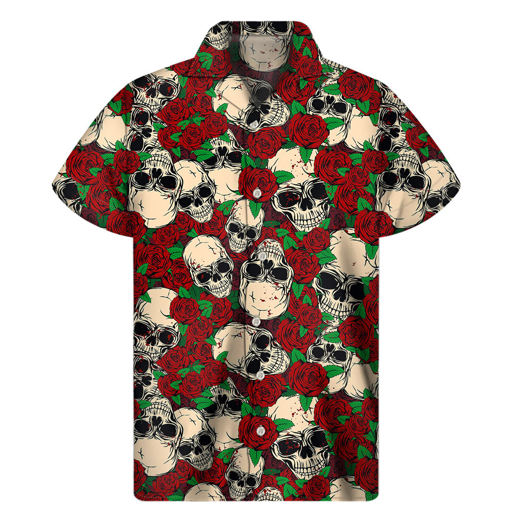 Red Rose Skull Hawaiian Print Short Sleeve Shirt - 1