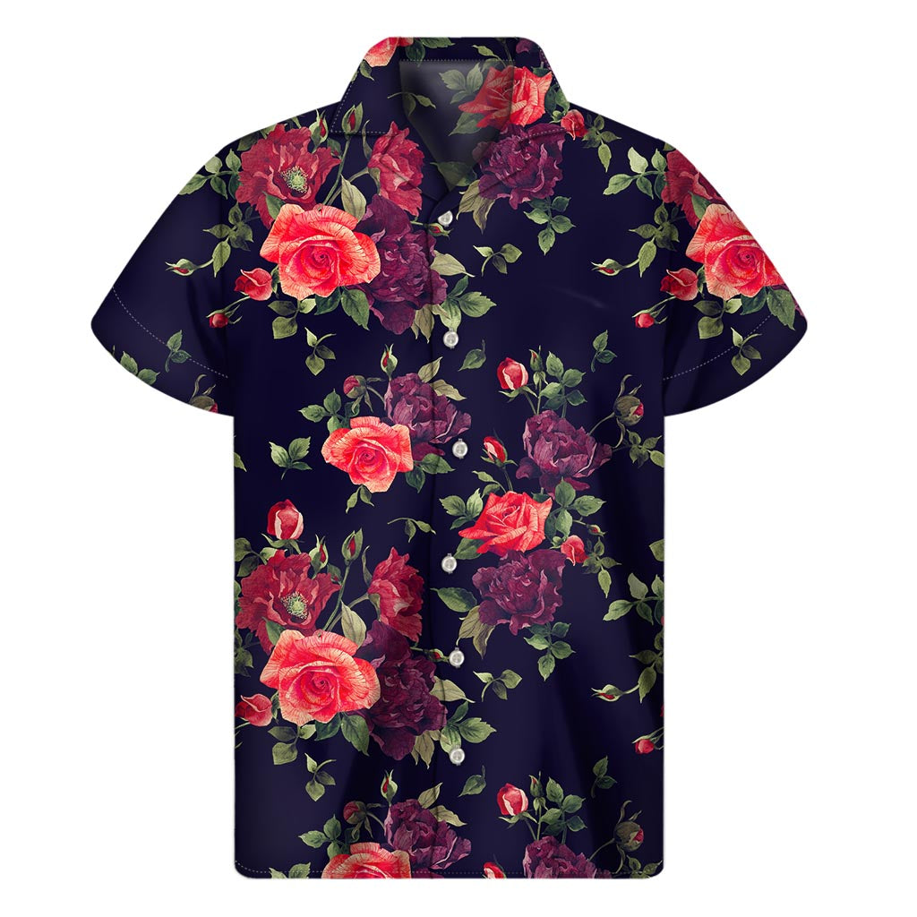 Red Violet Roses Hawaiian Floral Short Sleeve Shirt - 1