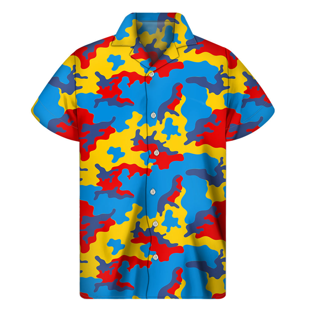 Red, Yellow and Blue Camouflage Print Hawaiian Short Sleeve Shirt - 1