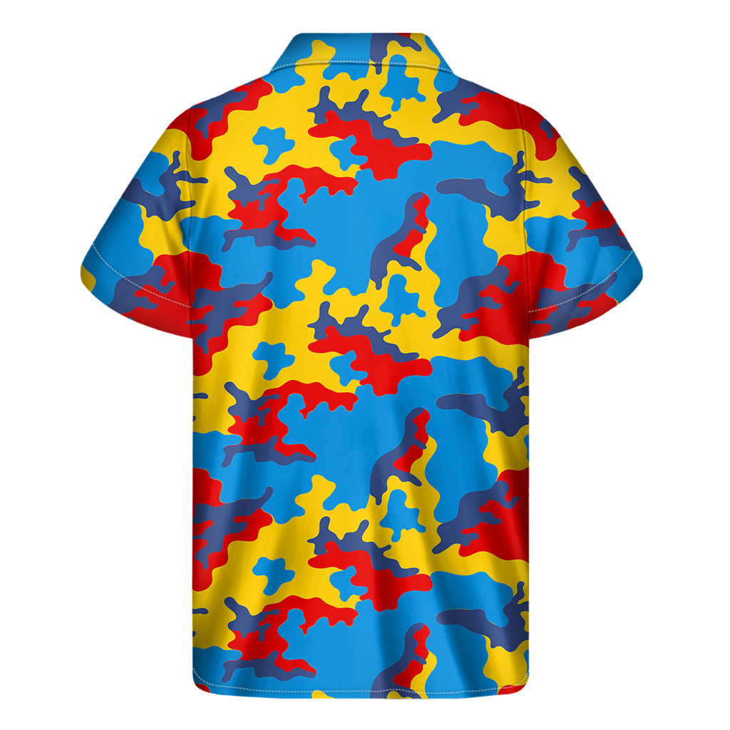 Red, Yellow and Blue Camouflage Print Hawaiian Short Sleeve Shirt - 2