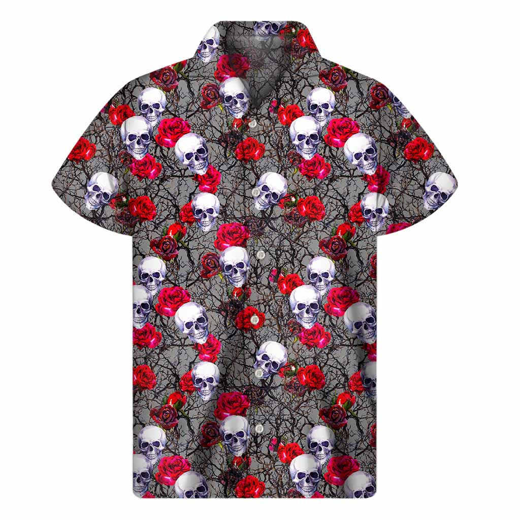 Rose Branch and Skull Pattern Hawaiian Short Sleeve Shirt - 1