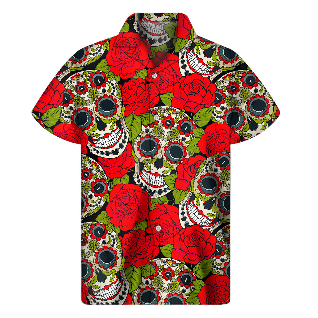 Rose Floral Sugar Skull Hawaiian Short Sleeve Shirt - 1