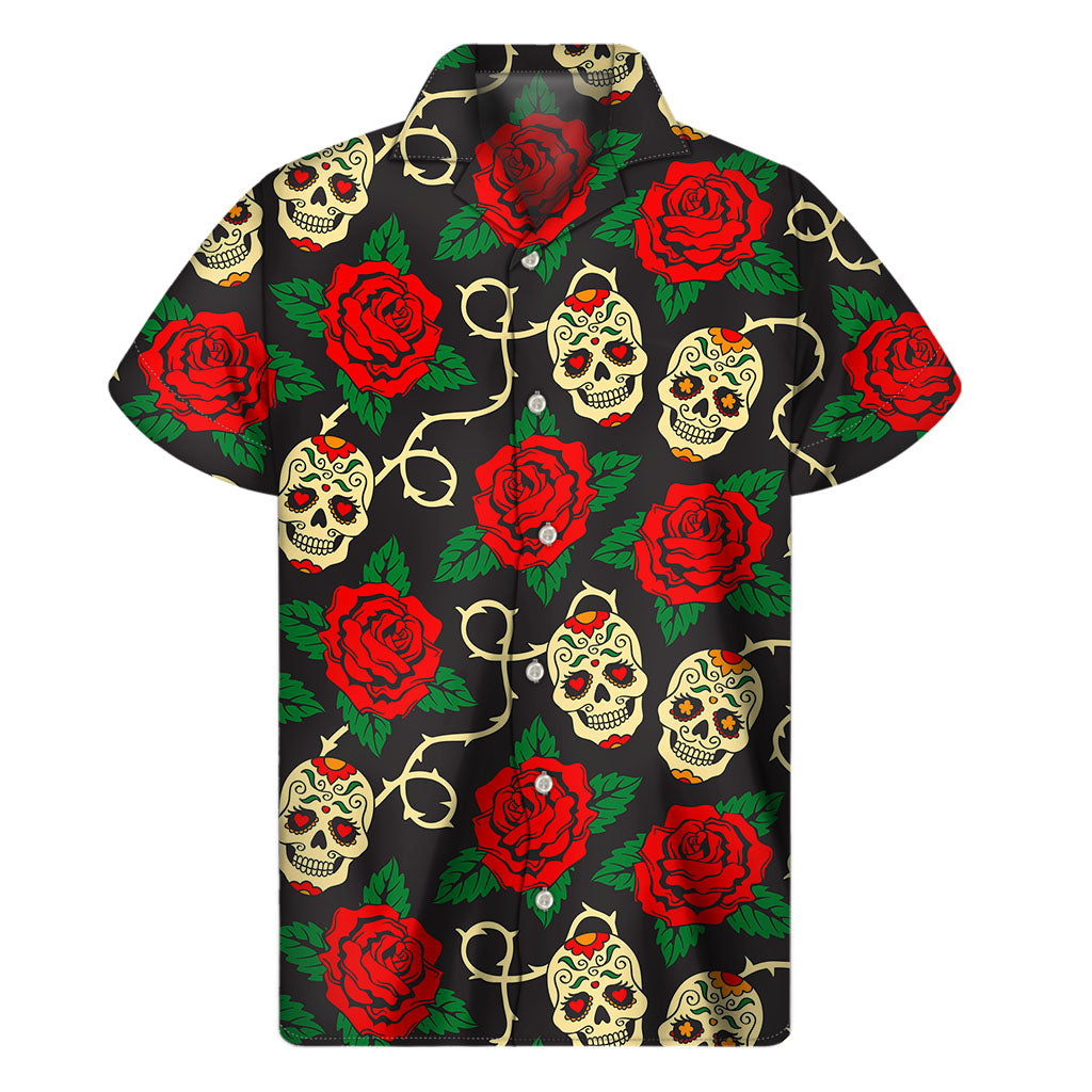 

Hawaiian Vibes: Rose Flower Sugar Skull Men&#39;s Short Sleeve Shirt - 1