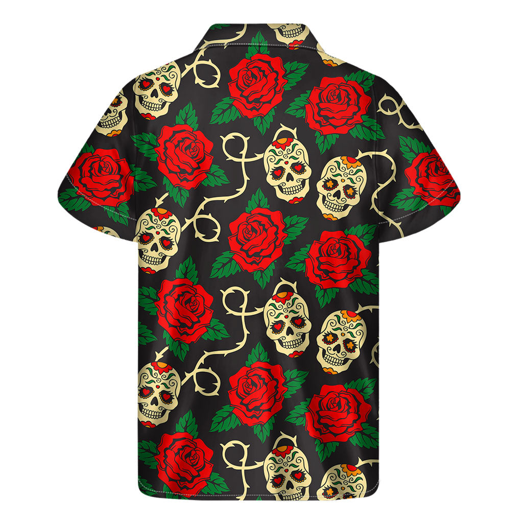 

Hawaiian Vibes: Rose Flower Sugar Skull Men&#39;s Short Sleeve Shirt - 2