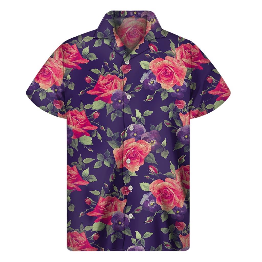 Rose Pansy Floral Hawaiian Short Sleeve Shirt - 1