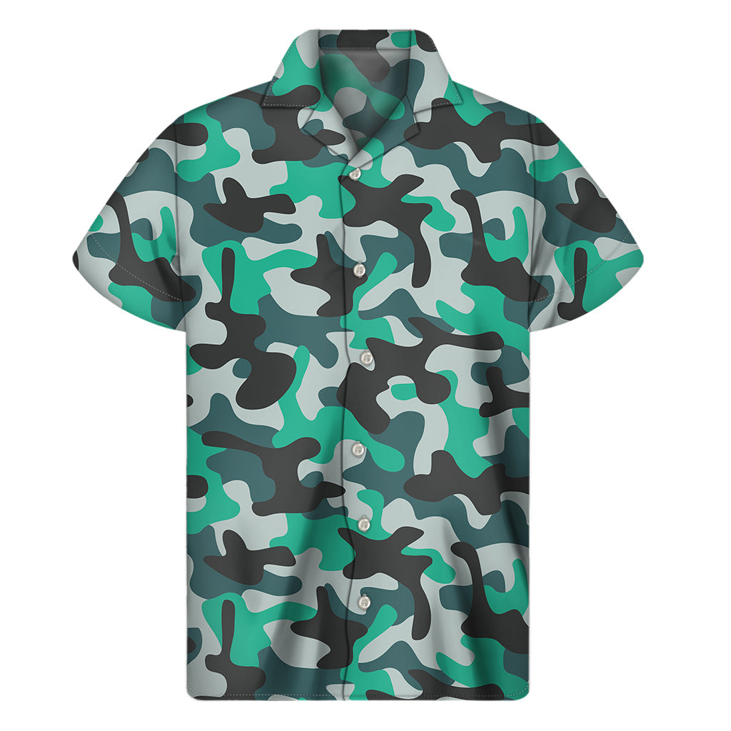 Teal and Black Camouflage Hawaiian Short Sleeve Shirt - 1