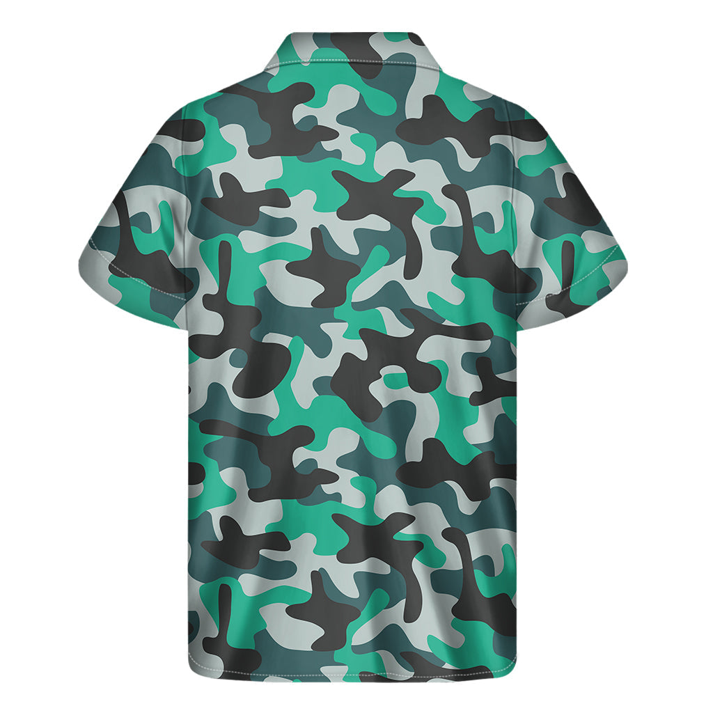 Teal and Black Camouflage Hawaiian Short Sleeve Shirt - 2