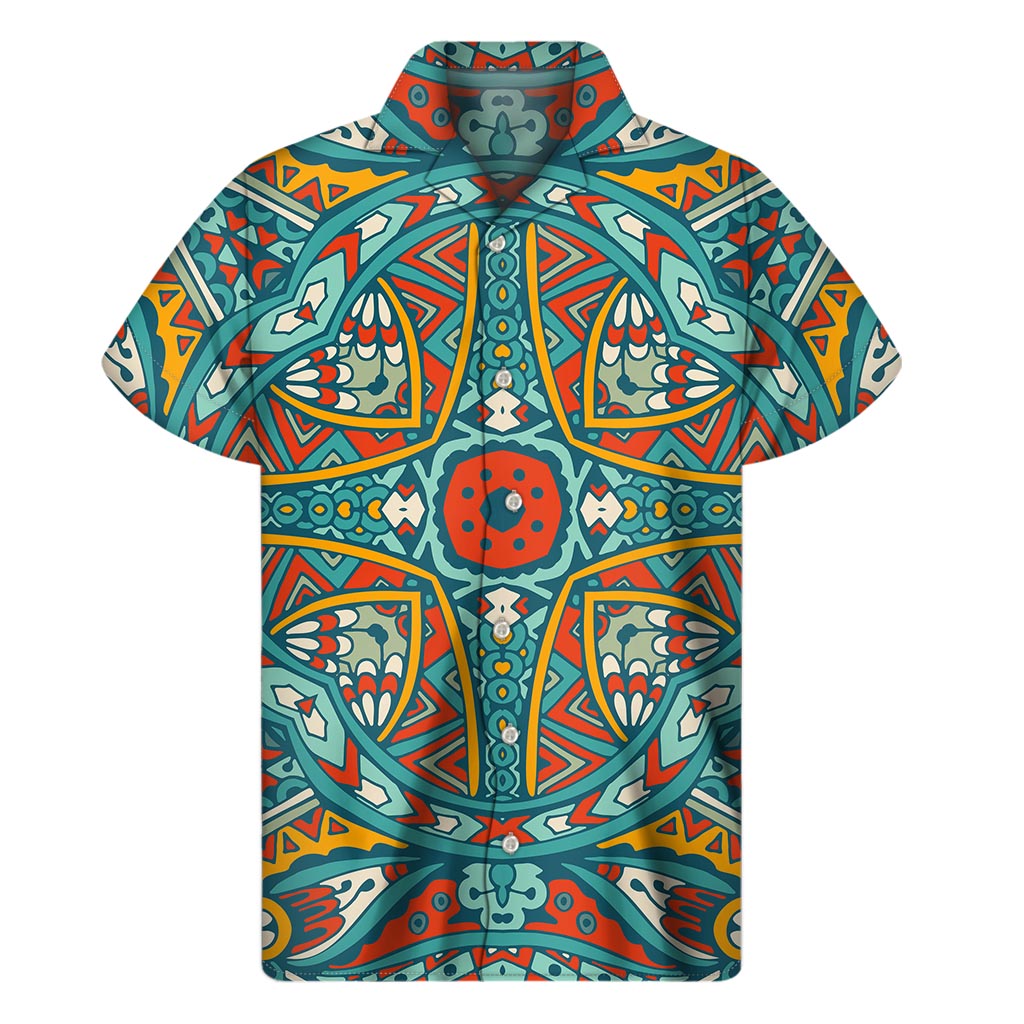 Teal Bohemian Mandala Print Hawaiian Short Sleeve Shirt - 1