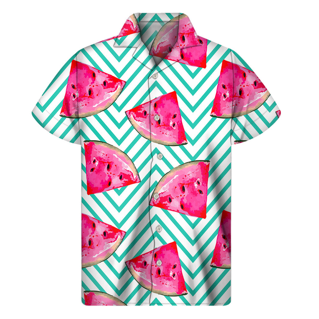 Tropical Vibes: Teal Chevron Watermelon Hawaiian Short Sleeve Shirt - 1