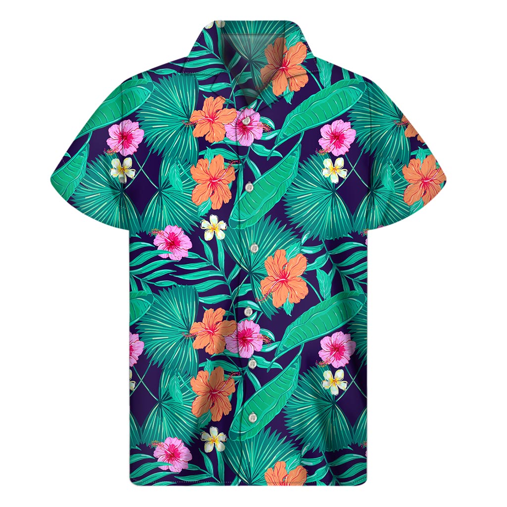 Teal Hawaiian Leaf &amp; Flower Pattern Print Men&#39;s Hawaiian Shirt - 1