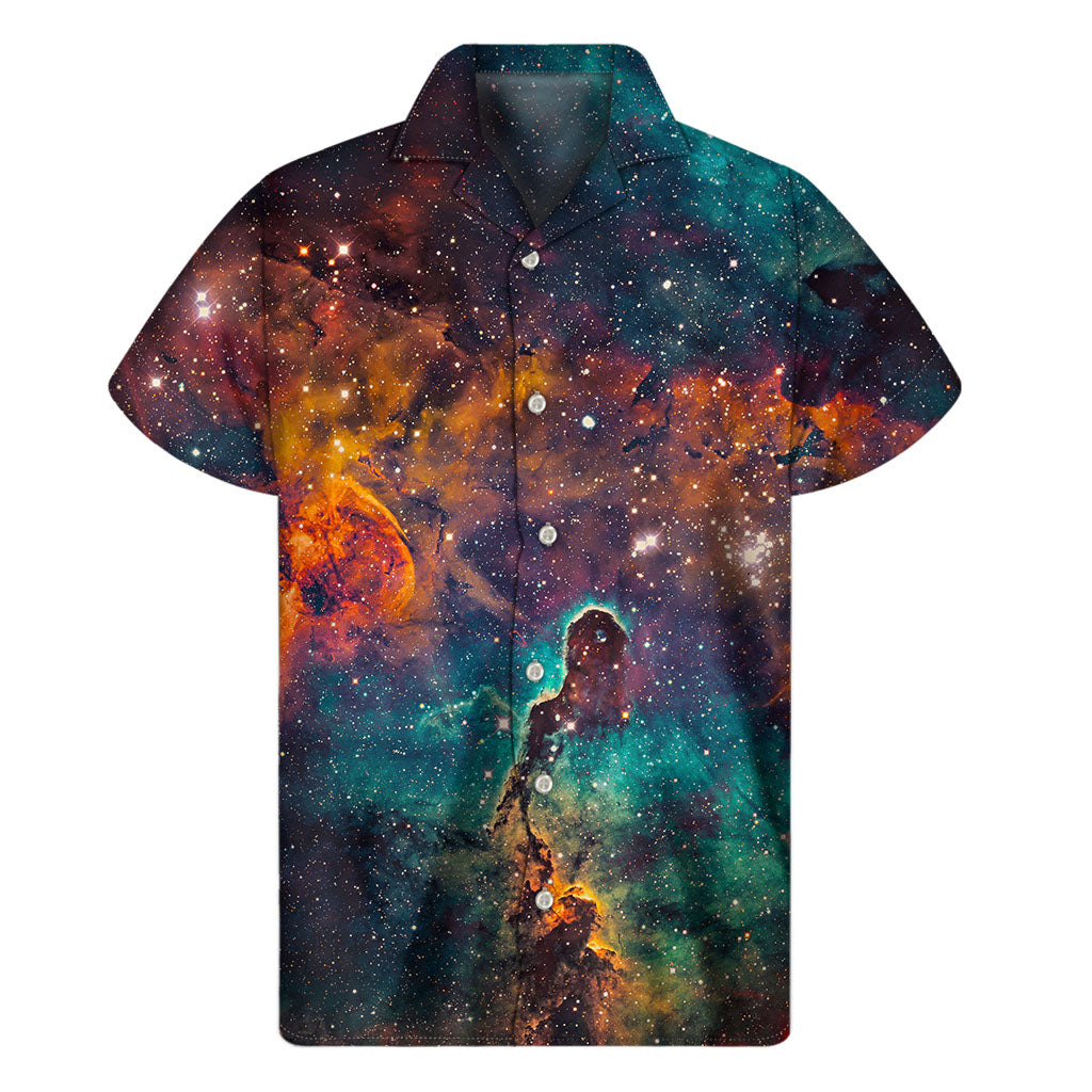 Teal &amp; Orange Universe Galaxy Hawaiian Short Sleeve Shirt - 1