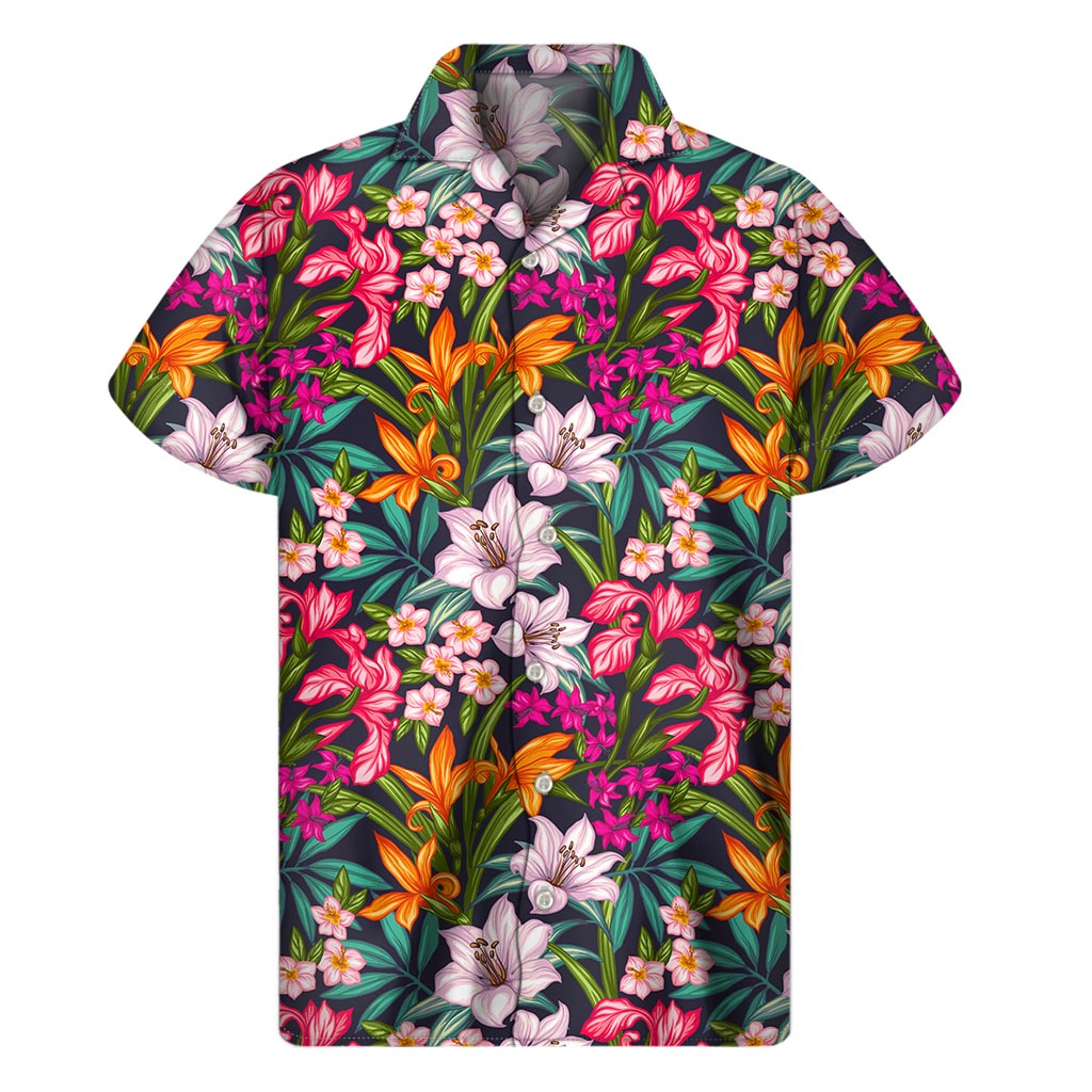 Sunny Days in Paradise: Hawaiian Tropical Flowers Pattern Print Short Sleeve Shirt - 1