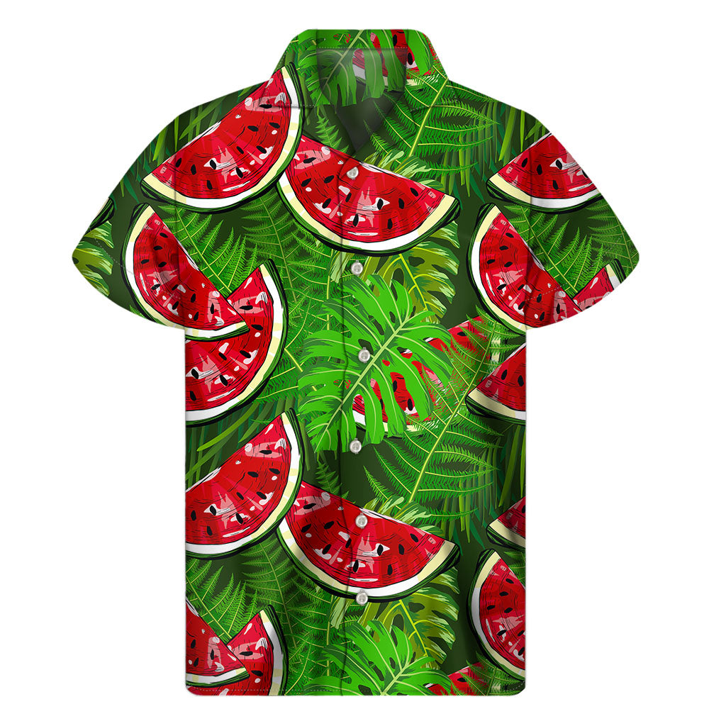 Island Vibes: Tropical Leaf and Watermelon Hawaiian Short Sleeve Shirt - 1