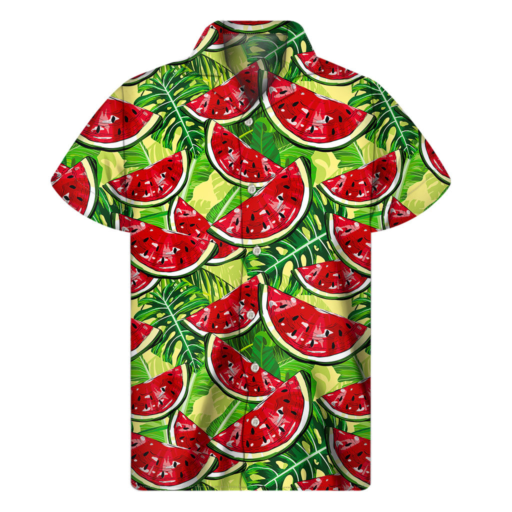 Hawaiian Vibes: Tropical Leaves &amp; Watermelon Pattern Men&#39;s Short Sleeve Shirt - 1