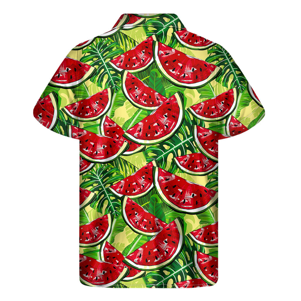 Hawaiian Vibes: Tropical Leaves &amp; Watermelon Pattern Men&#39;s Short Sleeve Shirt - 2