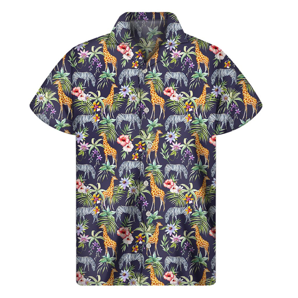 Tropical Safari: Men&#39;s Hawaiian Short Sleeve Shirt with Zebra and Giraffe Print - 1