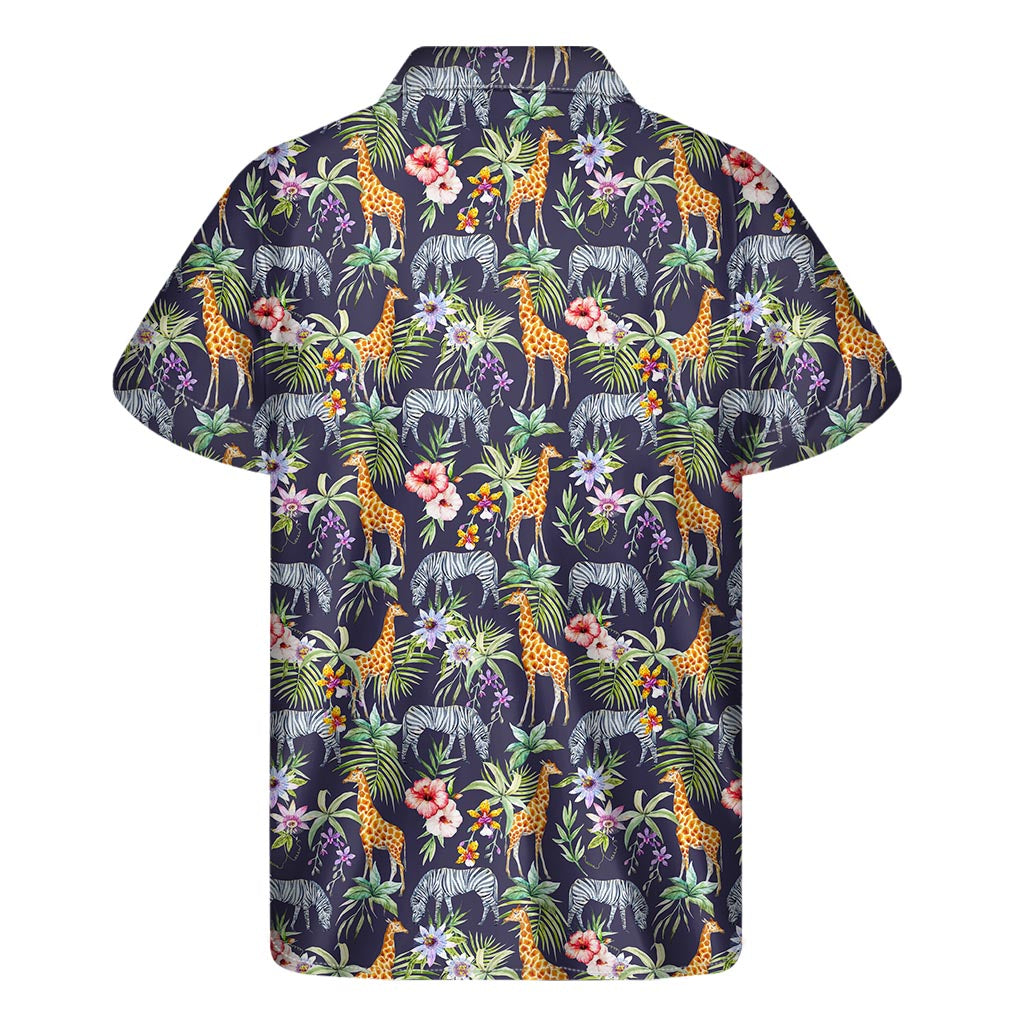 Tropical Safari: Men&#39;s Hawaiian Short Sleeve Shirt with Zebra and Giraffe Print - 2