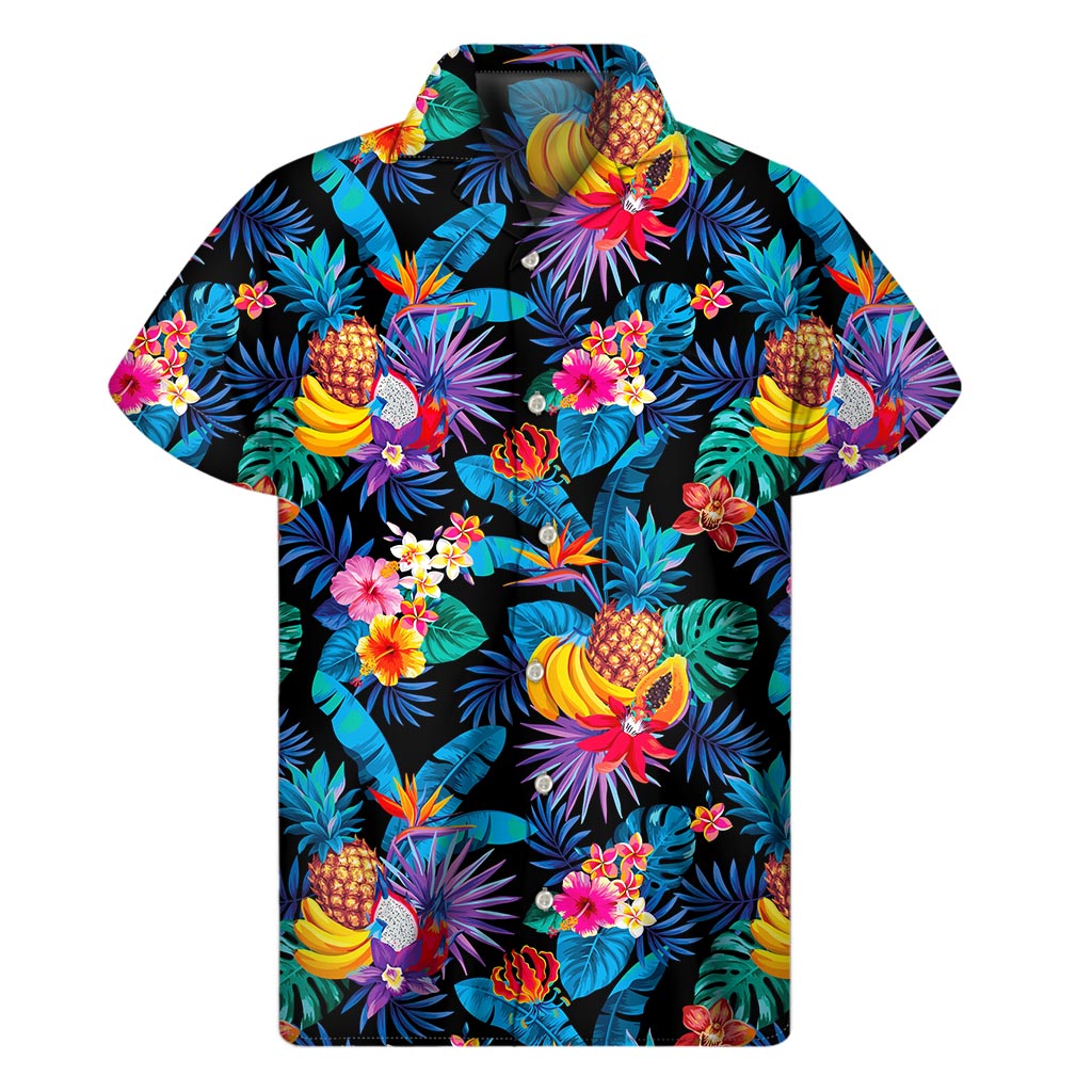 Tropical Vibes: Turquoise Hawaiian Fruits Pattern Short Sleeve Shirt - 1