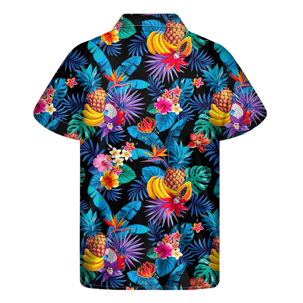 Tropical Vibes: Turquoise Hawaiian Fruits Pattern Short Sleeve Shirt - 2