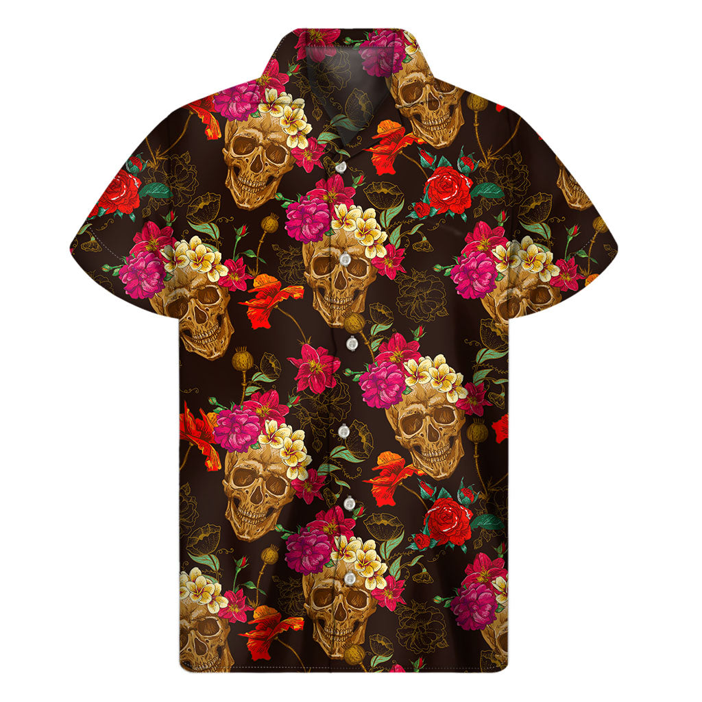 Hawaiian Style Vintage Flowers and Skull Pattern Short Sleeve Shirt - 1